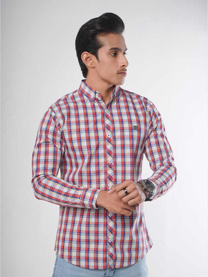 Blue & Red Check Button Down Casual Shirt (CSC-041)