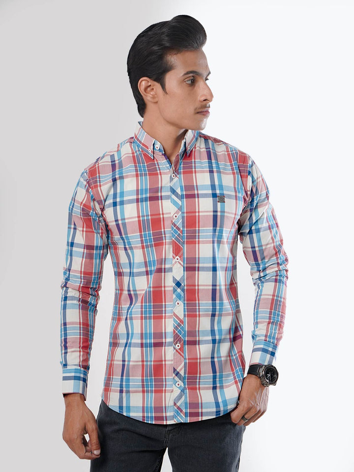 Red & Blue Check Button Down Casual Shirt (CSC-042)