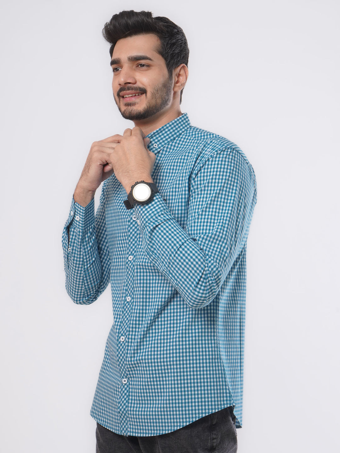 Blue & White Check Button Down Casual Shirt (CSC-044)