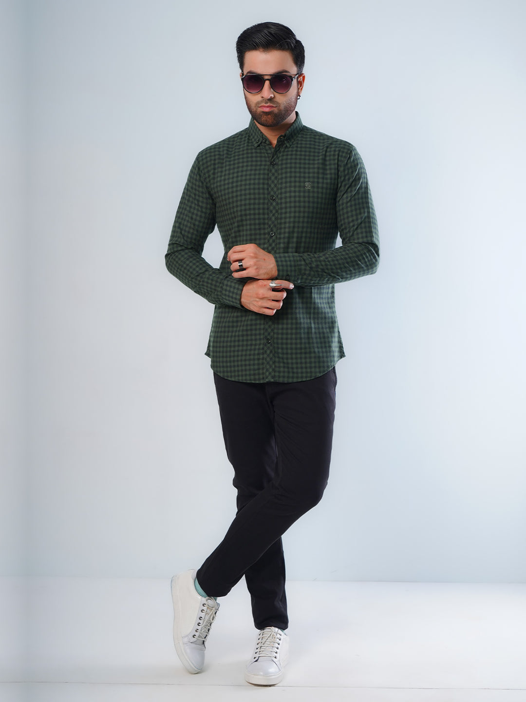 Dark Green & Navy Check Button Down Casual Shirt (CSC-057)