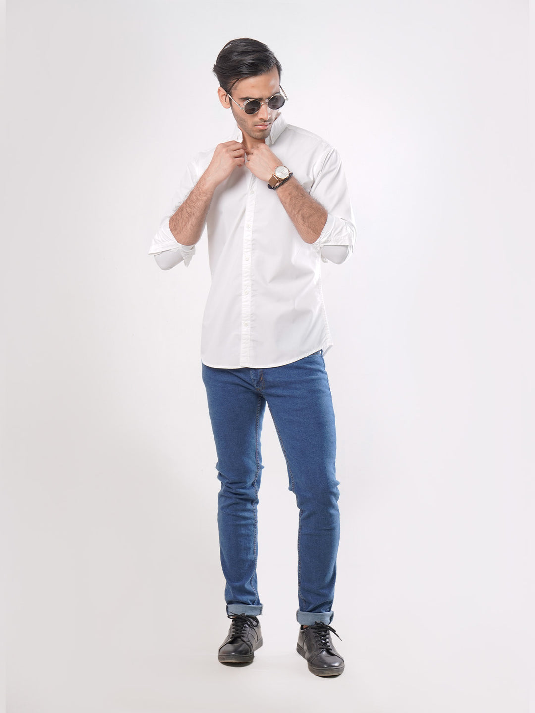 White Plain Button Down Knitted Casual Shirt (CSK-110)