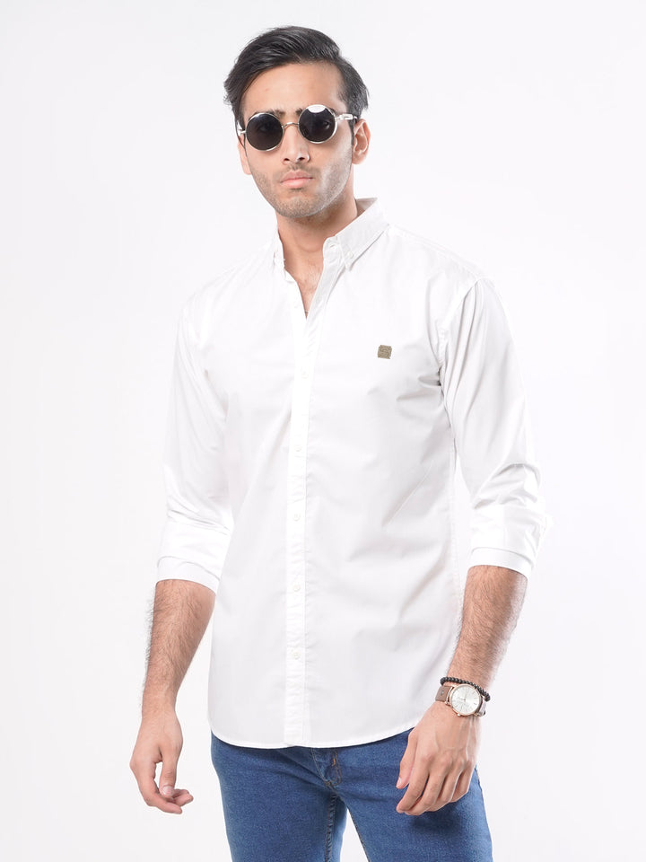 White Plain Button Down Knitted Casual Shirt (CSK-110)