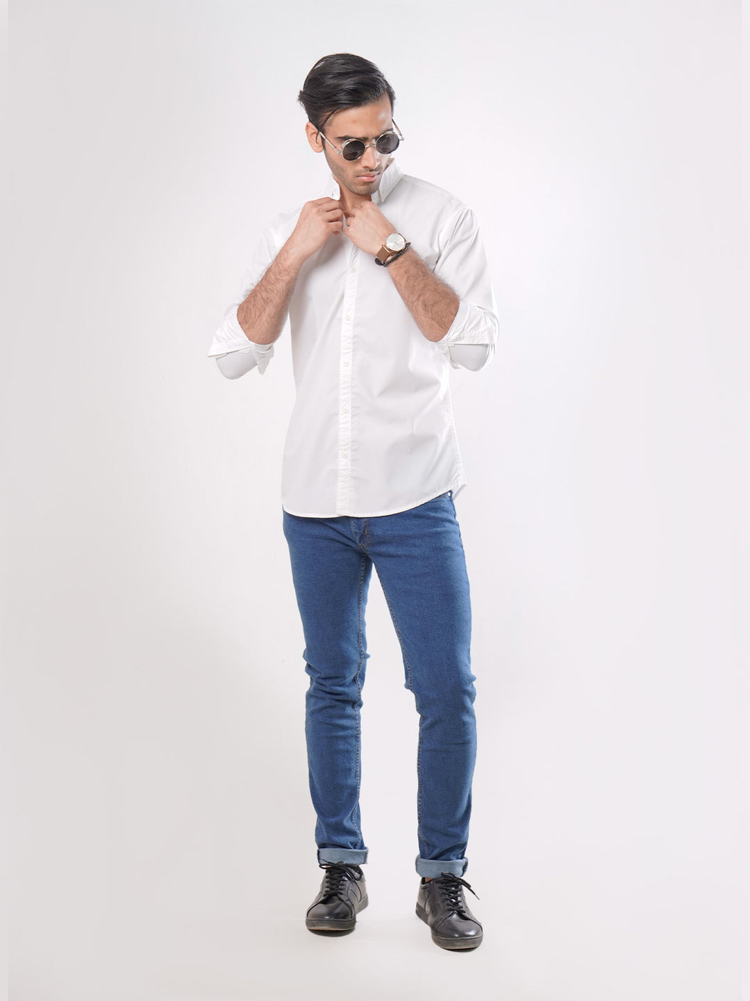 White Plain Button Down Knitted Casual Shirt (CSK-114)