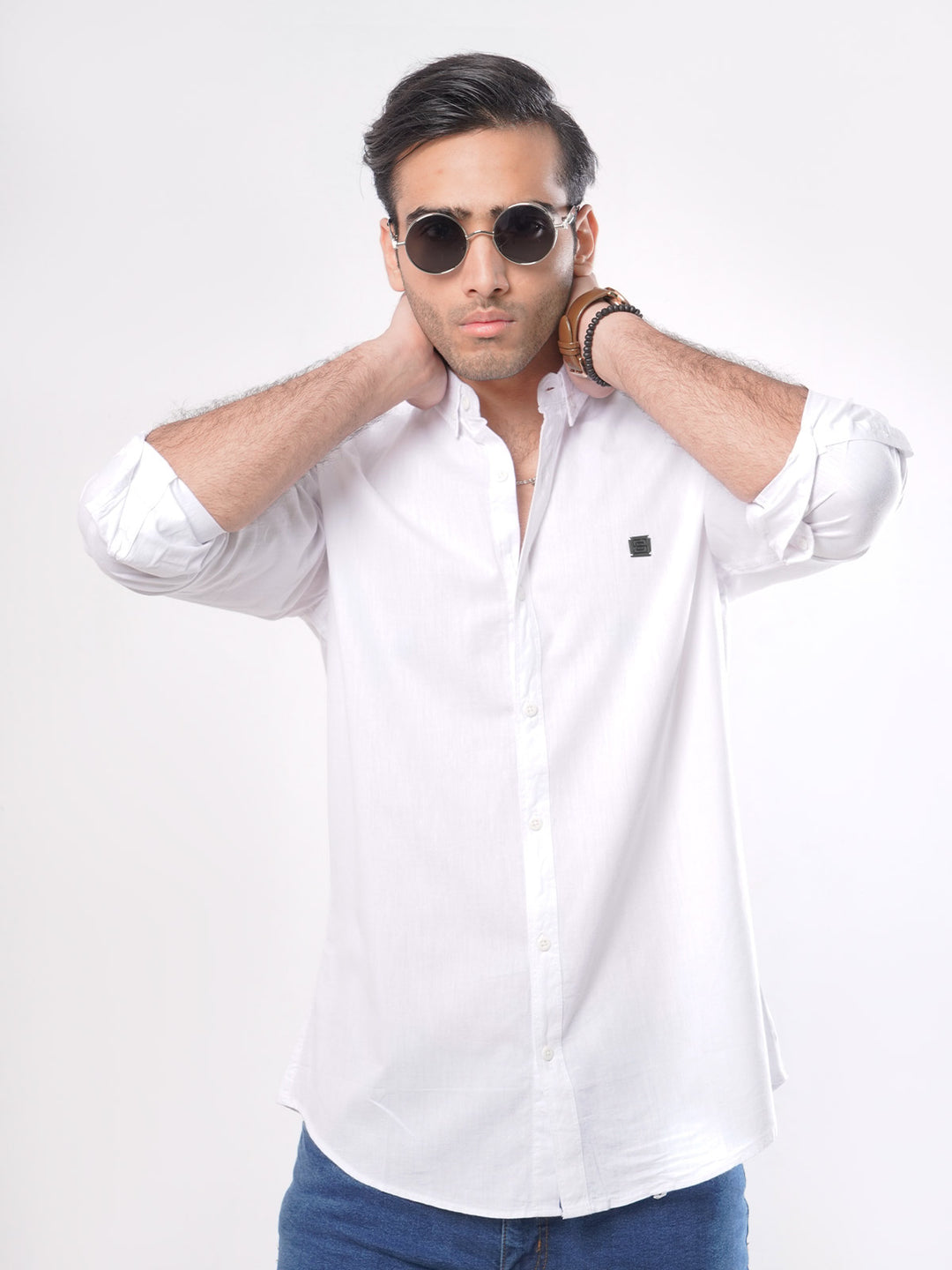 White Plain Button Down Knitted Casual Shirt CSK-115