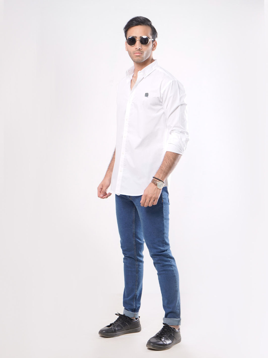 White Plain Button Down Knitted Casual Shirt (CSK-119)