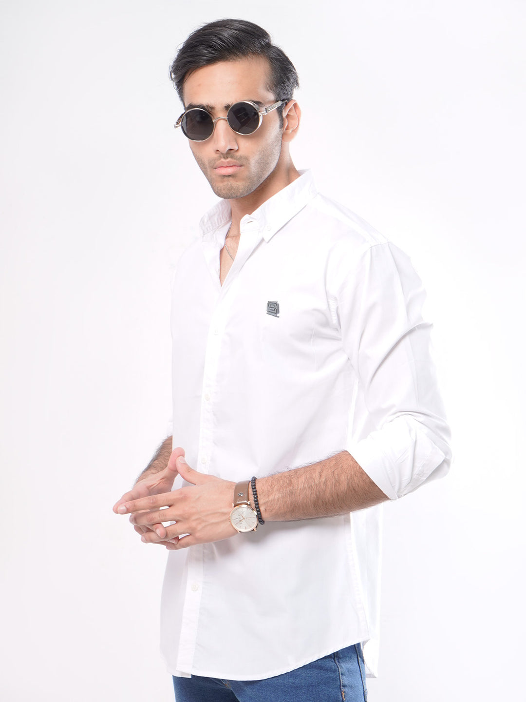 White Plain Button Down Knitted Casual Shirt (CSK-119)