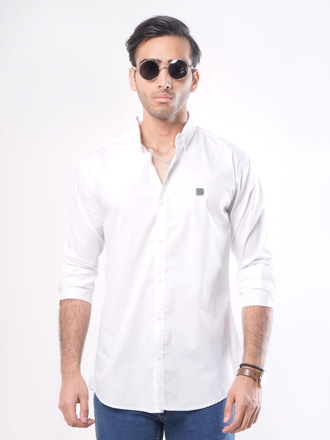 White Plain Button Down Knitted Casual Shirt (CSK-119)