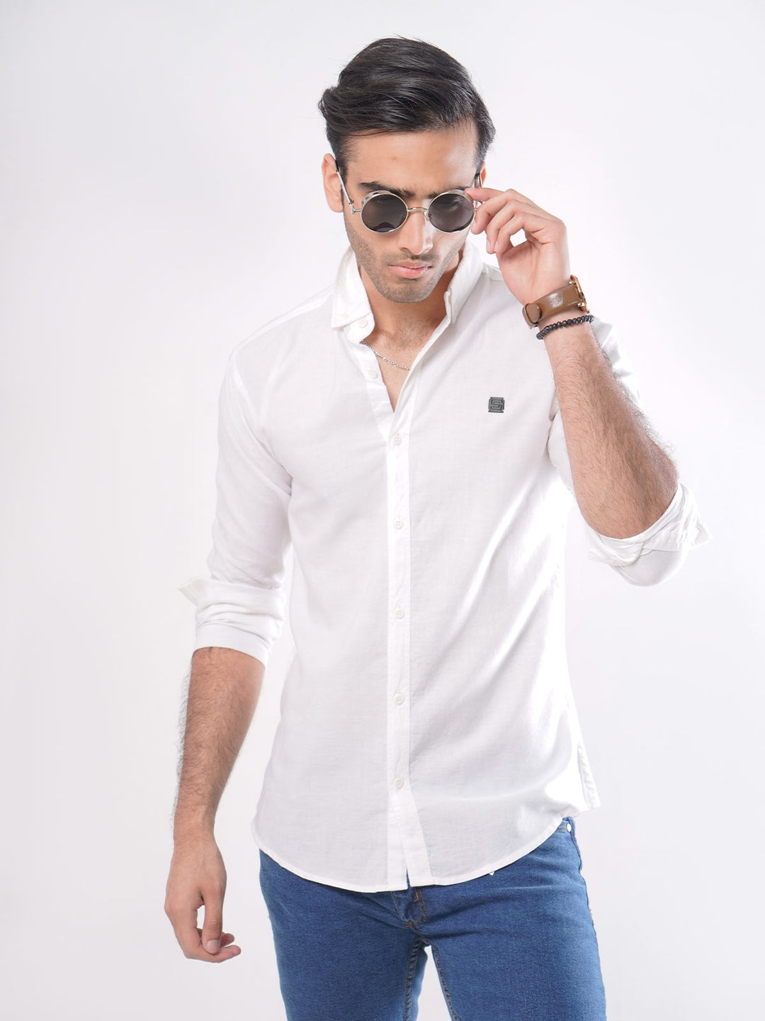 White Plain Button Down Knitted Casual Shirt CSK-120