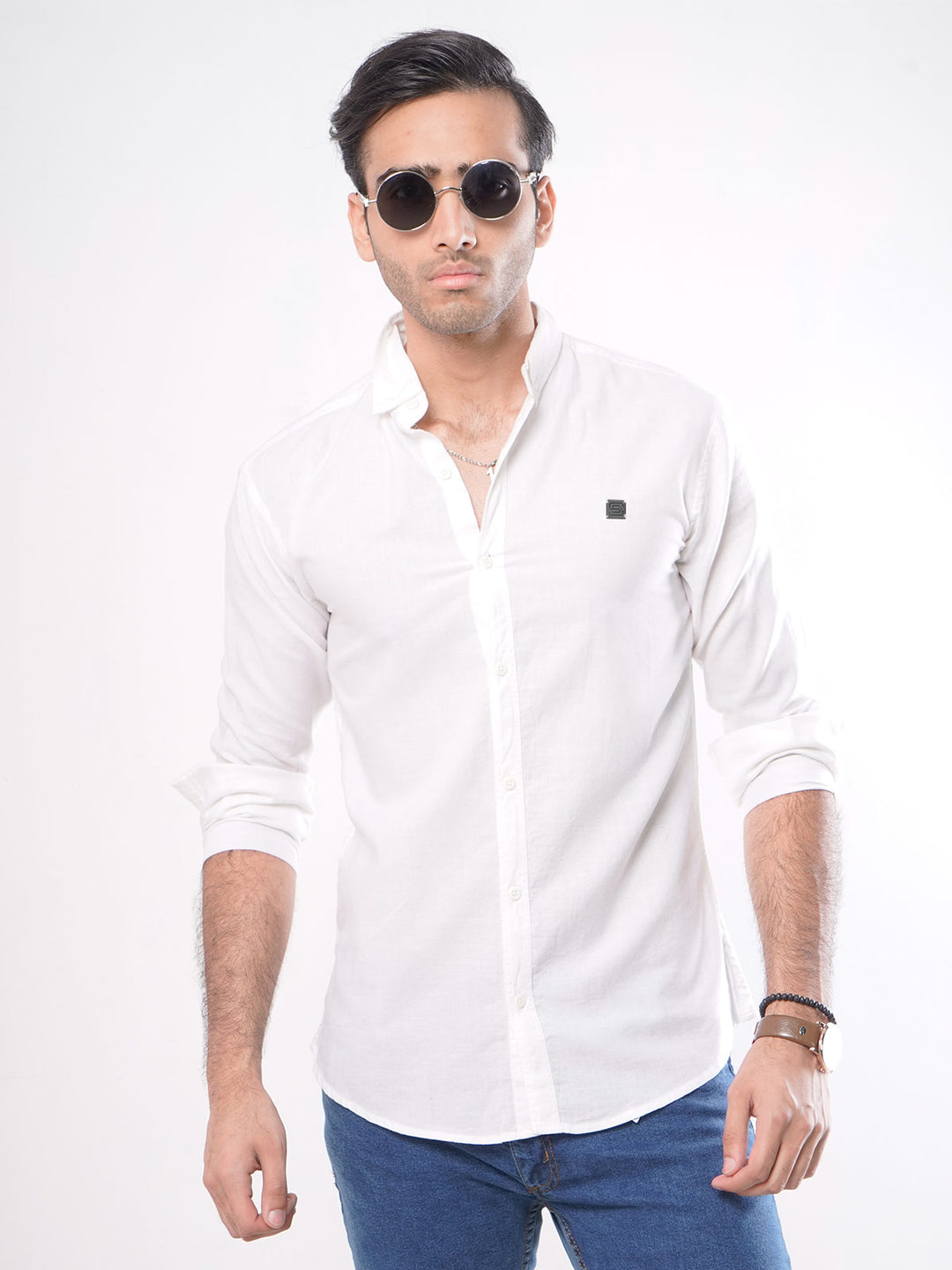 White Plain Button Down Knitted Casual Shirt CSK-120