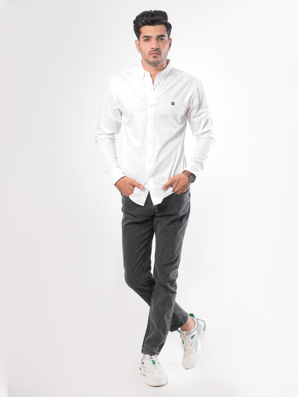 White Plain Button Down Knitted Casual Shirt (CSK-121)