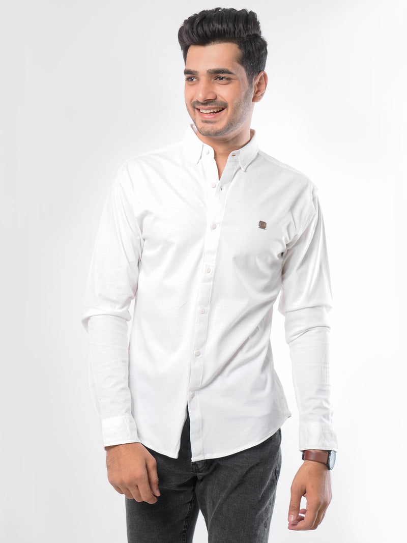 White Plain Button Down Knitted Casual Shirt (CSK-121)