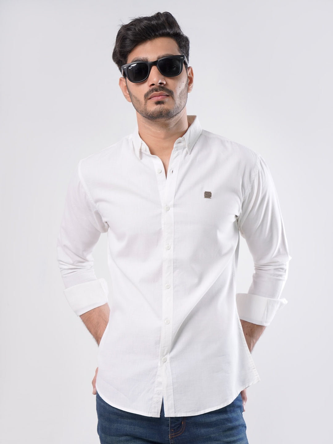 White Plain Button Down Knitted Casual Shirt (CSK-124)