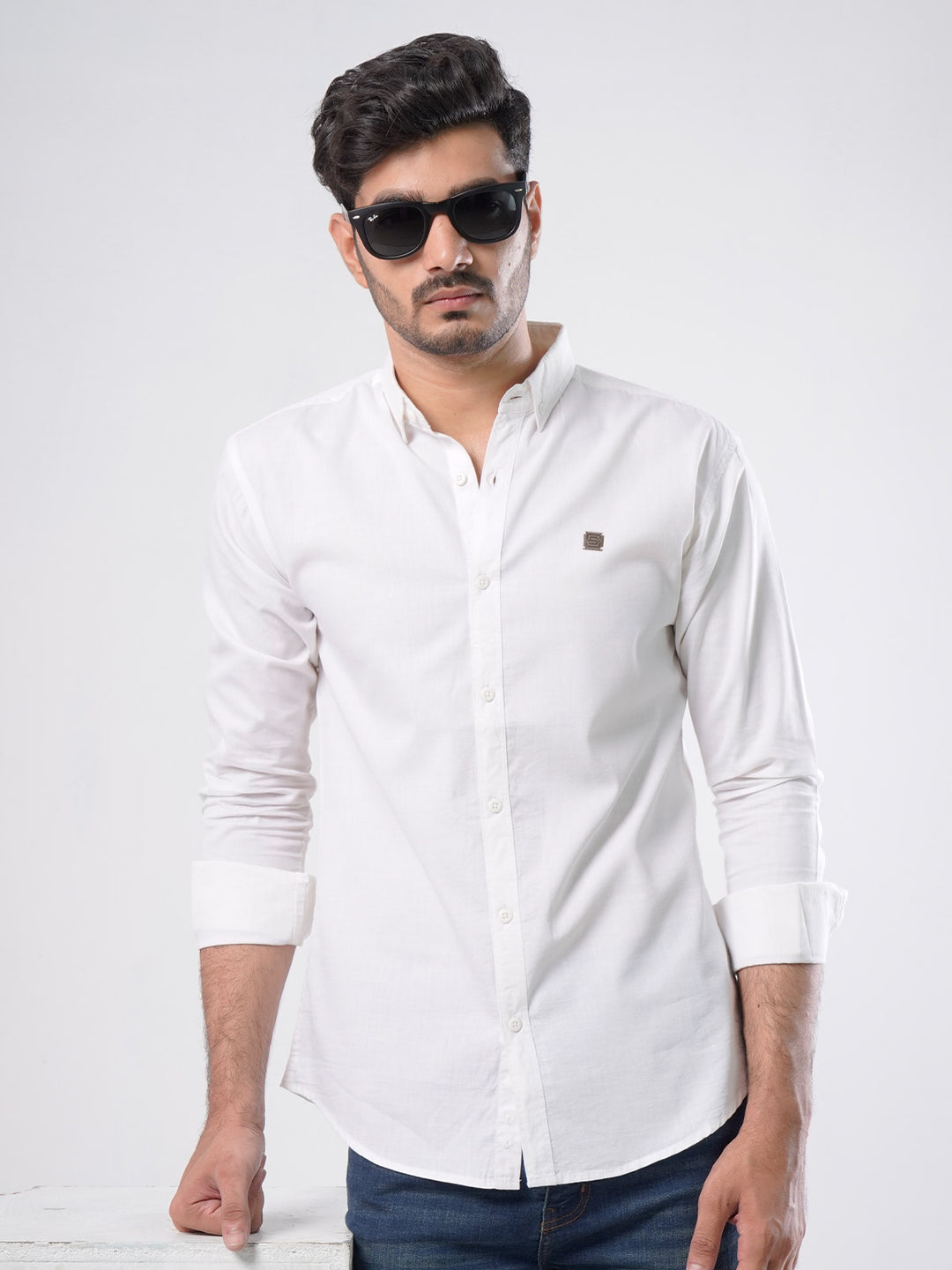 White Plain Button Down Knitted Casual Shirt (CSK-124)