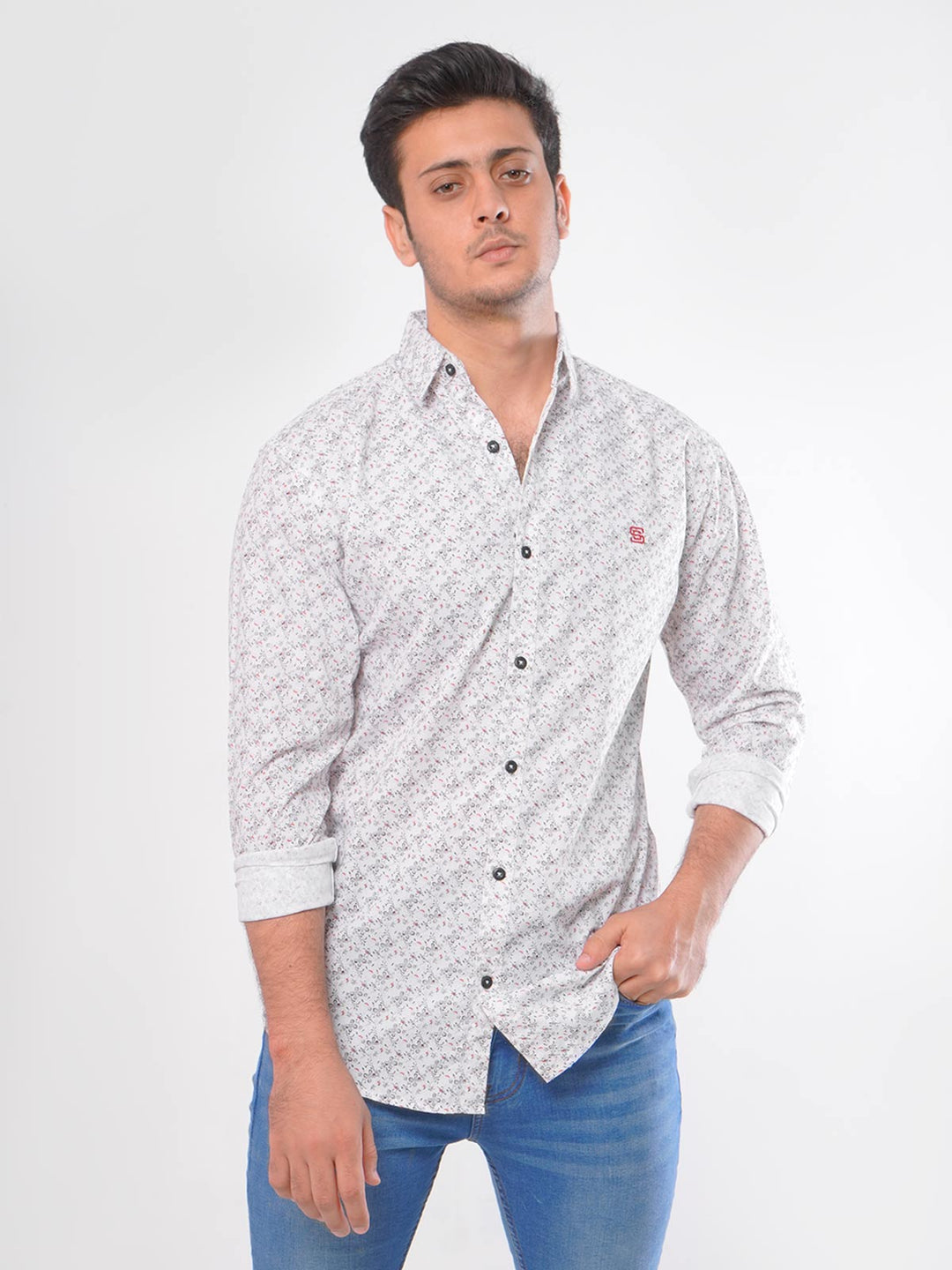 White Printed  Casual Shirt (CSP-015)