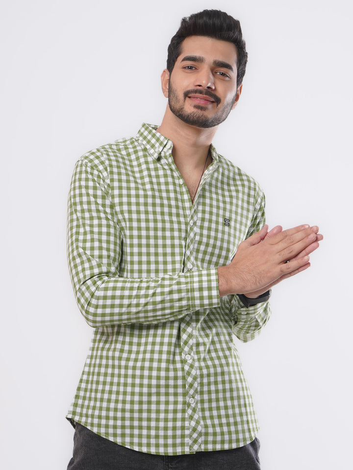 Light Green & White Check Button Down Casual Shirt (CSC-045)