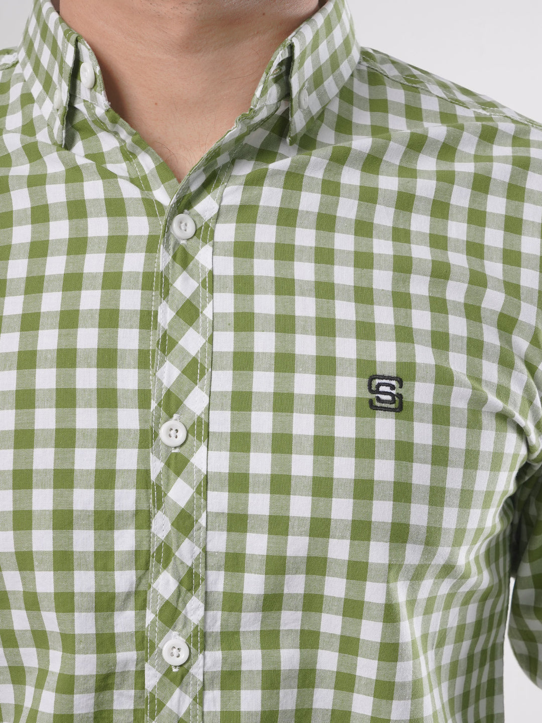 Light Green & White Check Button Down Casual Shirt (CSC-045)