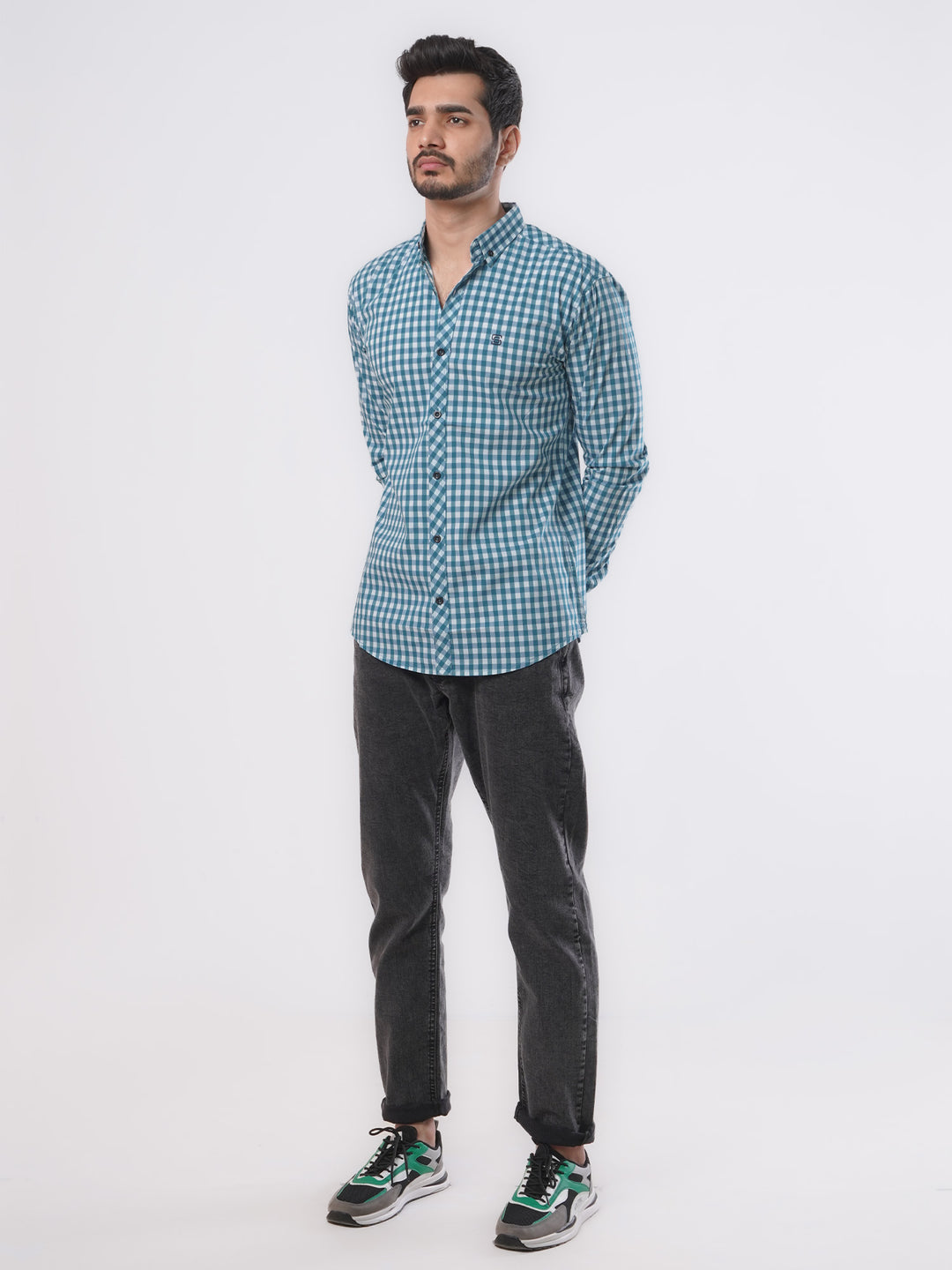 Turquoise & White Check Button Down Casual Shirt (CSC-048)