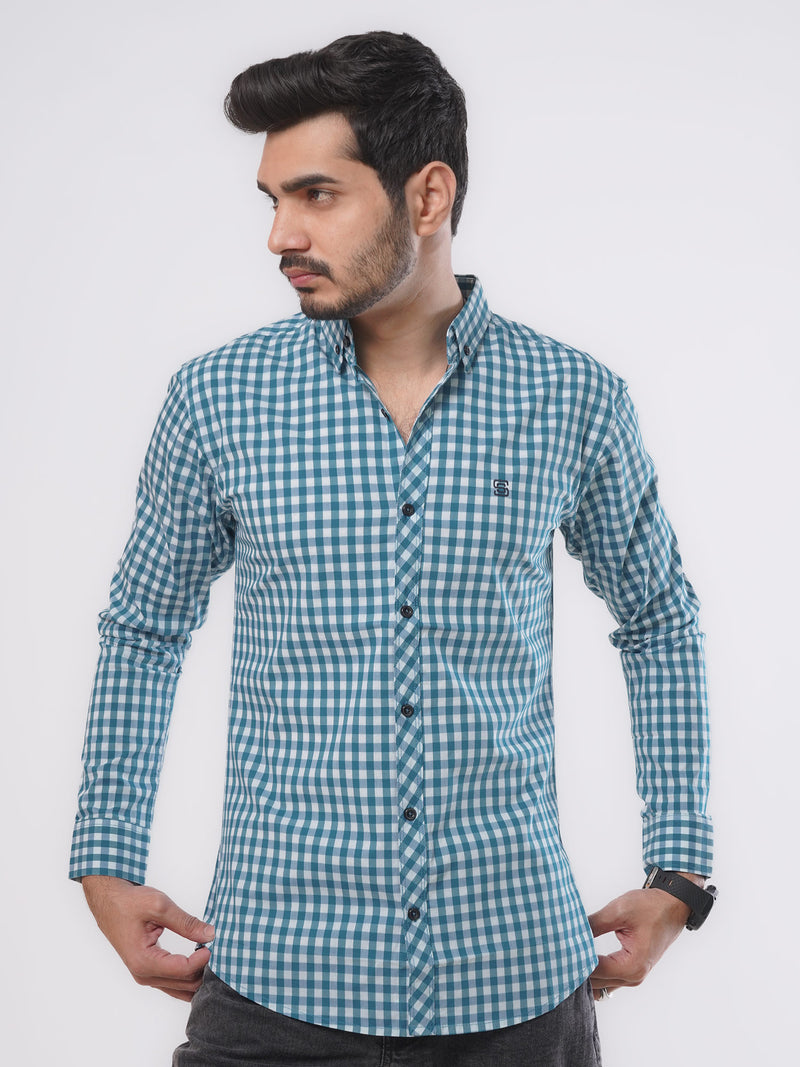 Turquoise & White Check Button Down Casual Shirt (CSC-048)