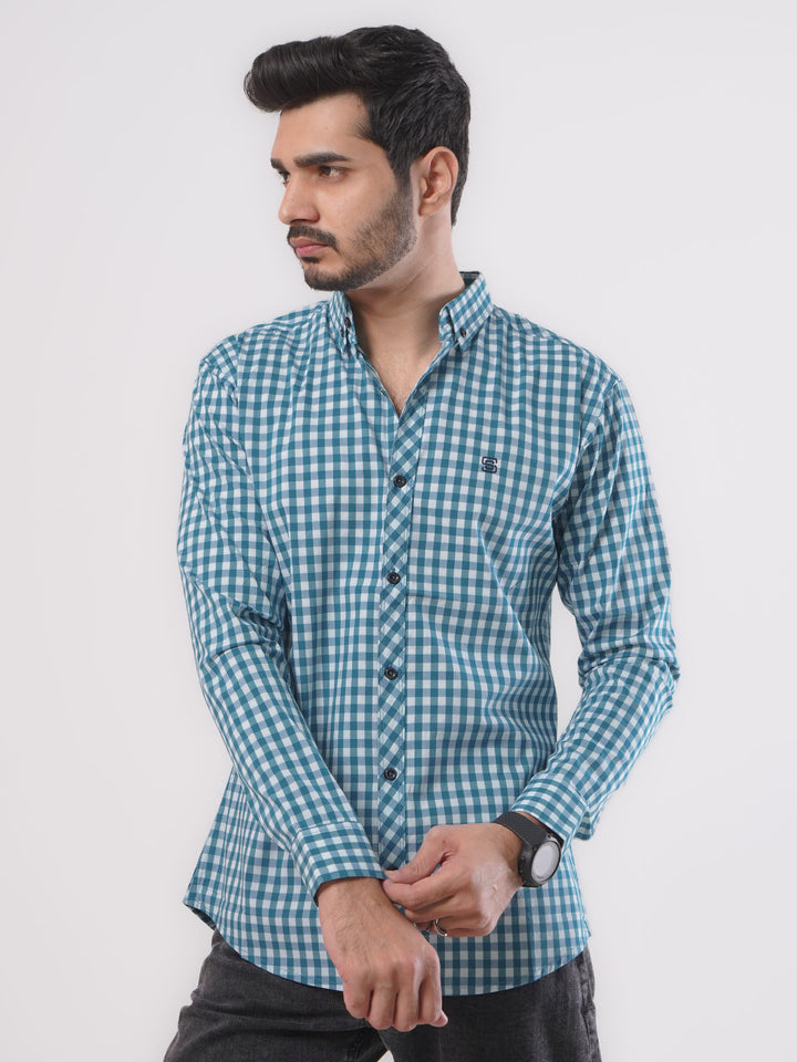 Turquoise & White Check Button Down Casual Shirt (CSC-048)