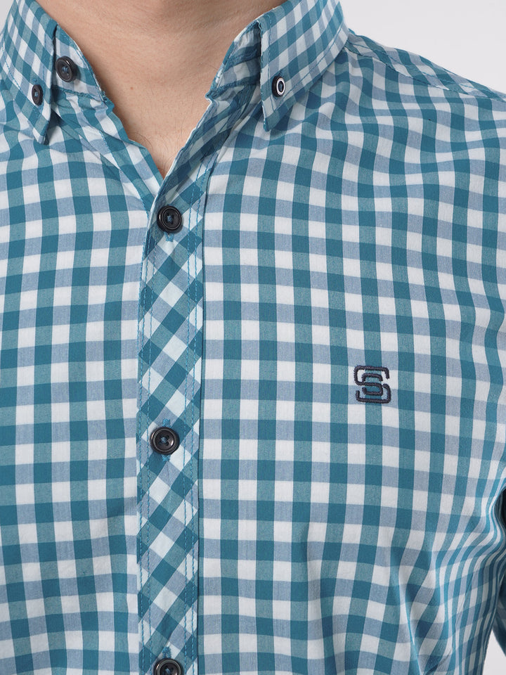 Turquoise & White Check Button Down Casual Shirt (CSC-048)