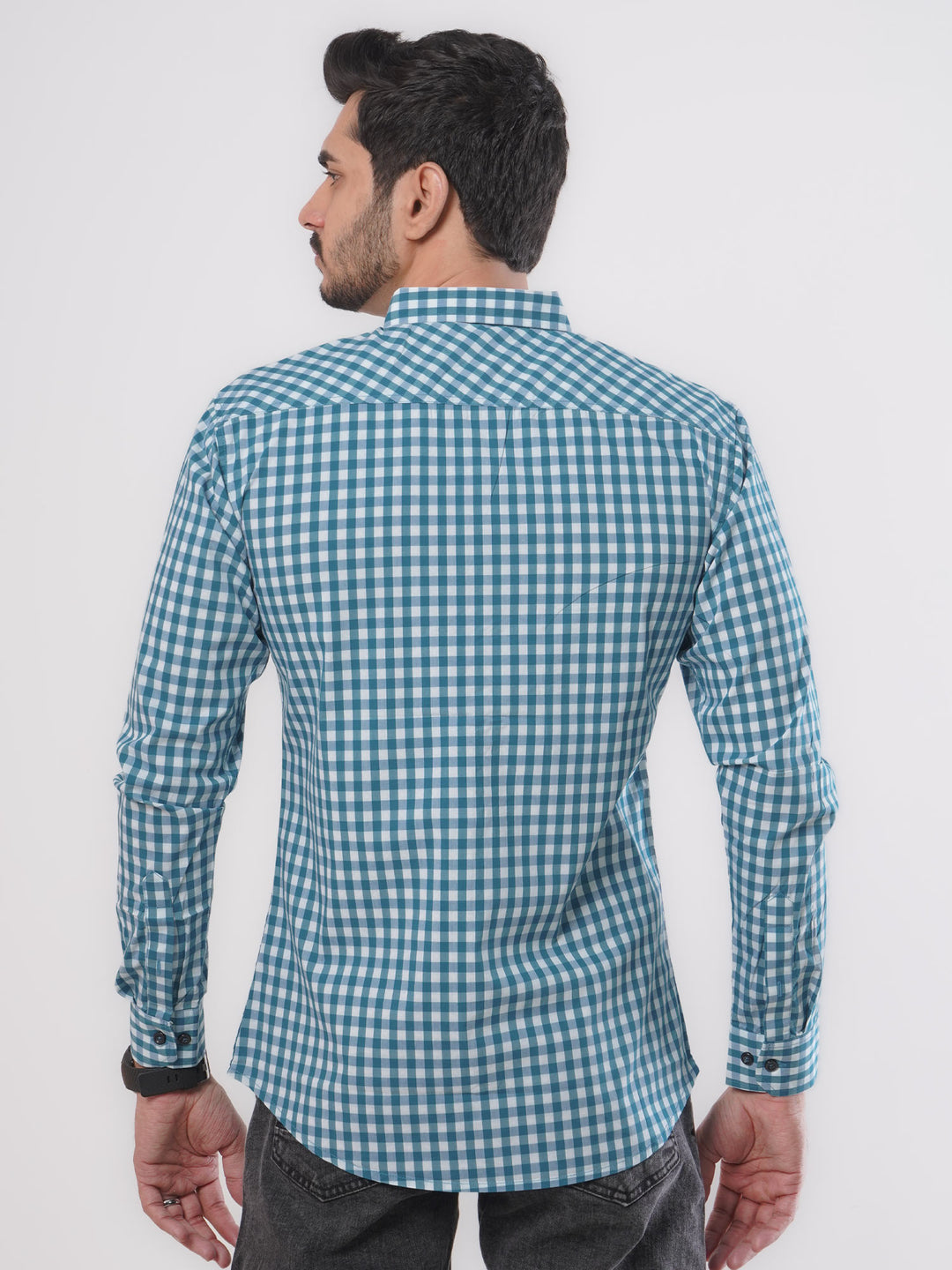 Turquoise & White Check Button Down Casual Shirt (CSC-048)