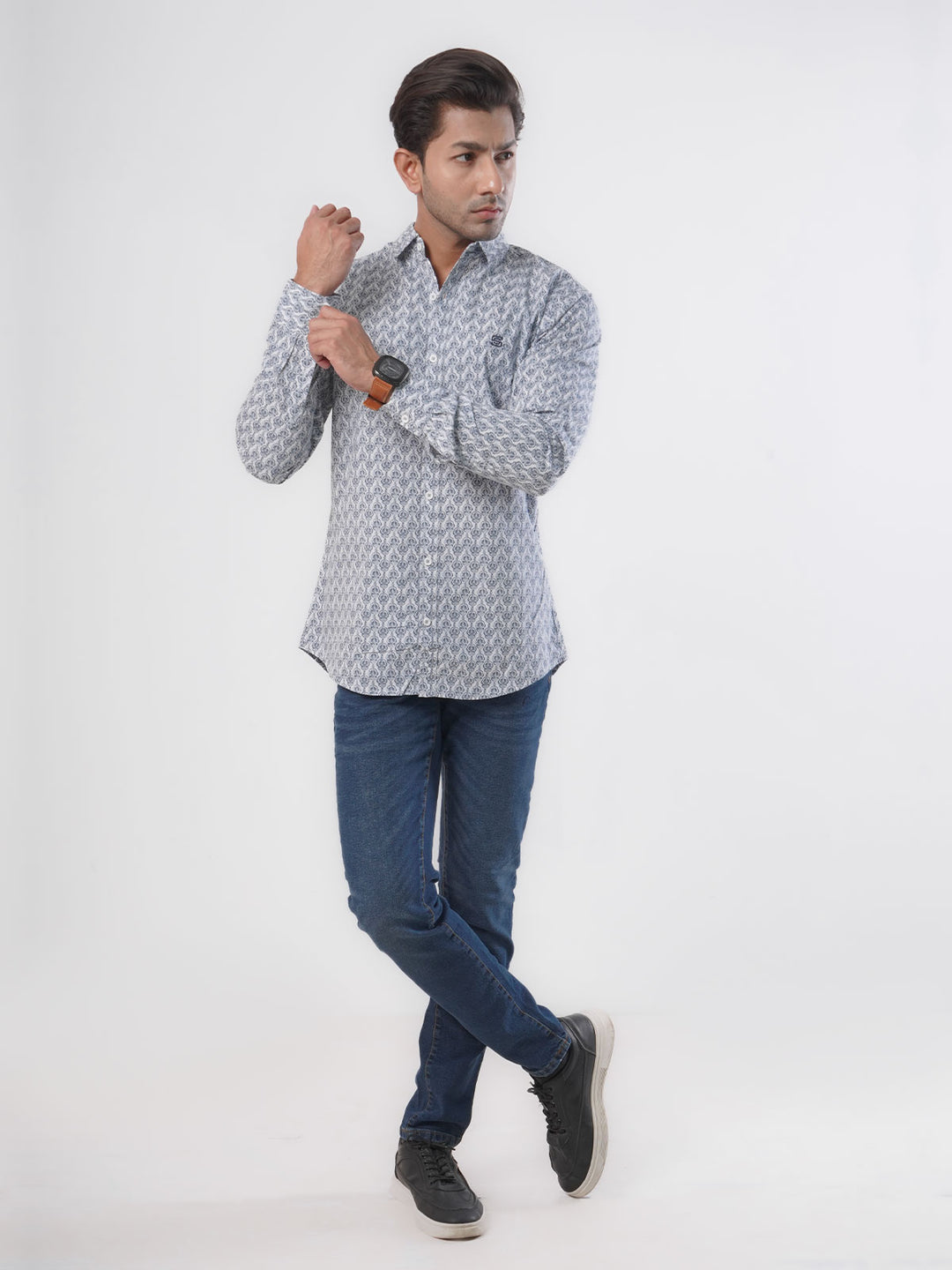 White & Grey Printed Casual Shirt (CSP-050)