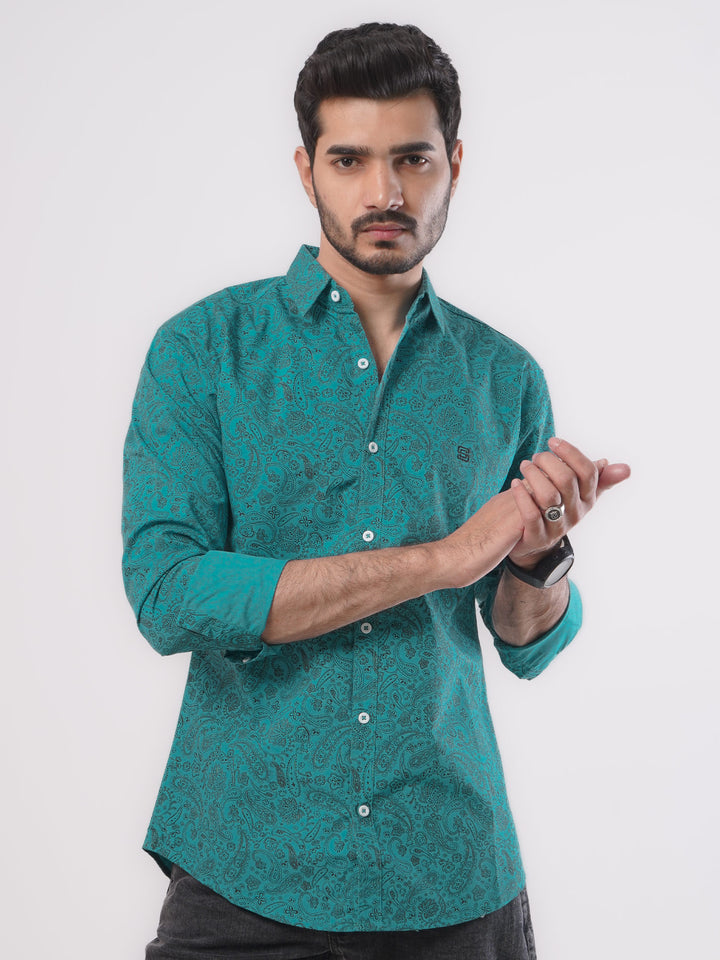 Turquiose & Black Design Printed Casual Shirt (CSP-079)