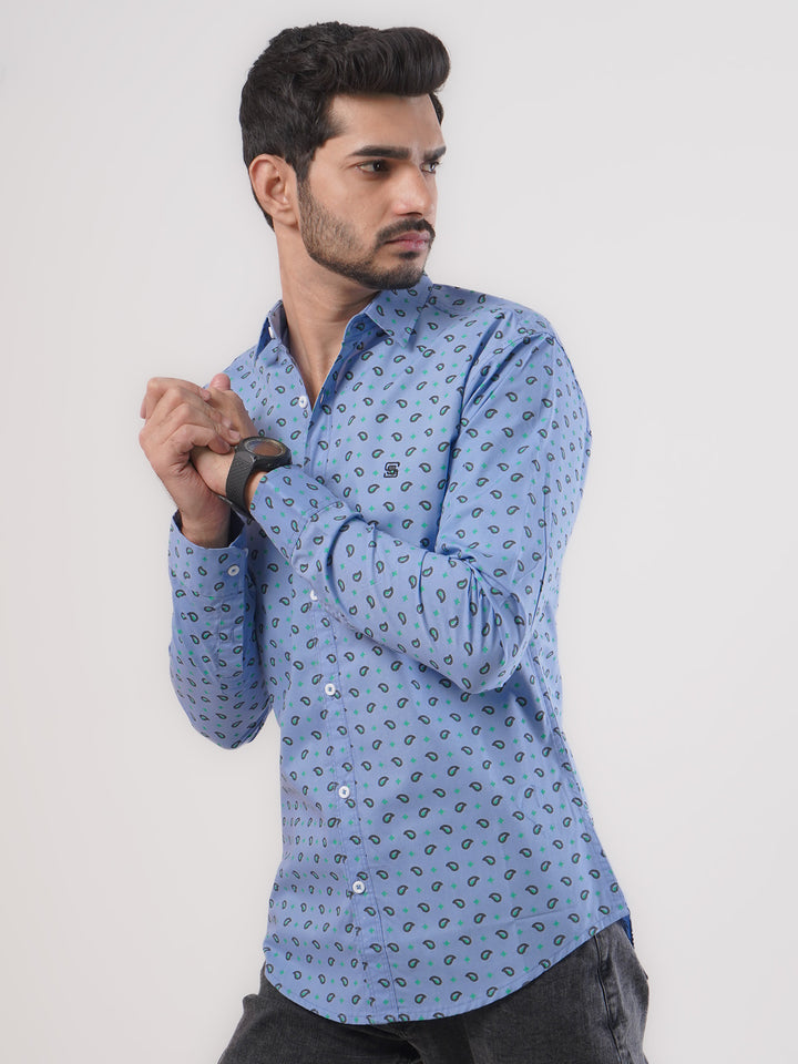 Light Blue & Green Printed Casual Shirt (CSP-089)