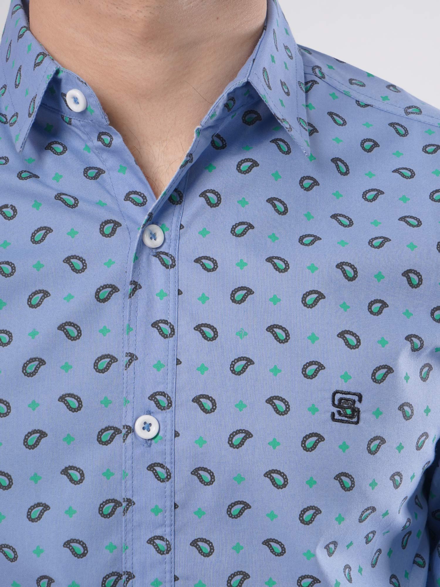Light Blue & Green Printed Casual Shirt (CSP-089)