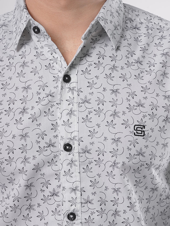 White & Black Leaf Printed Casual Shirt (CSP-093)