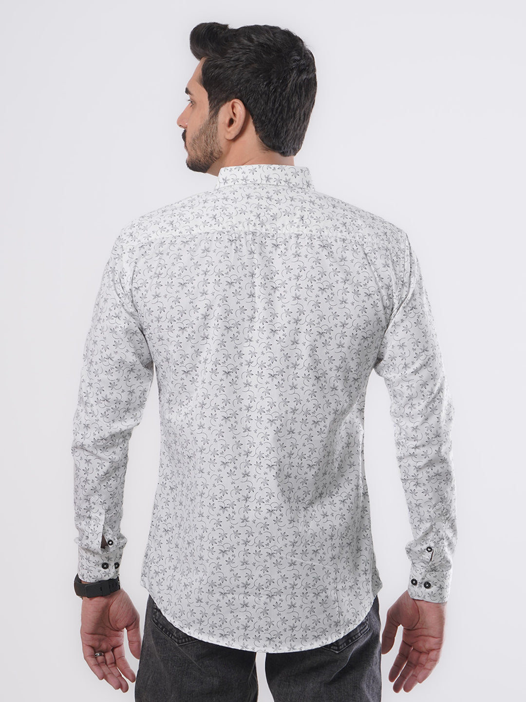 White & Black Leaf Printed Casual Shirt (CSP-093)