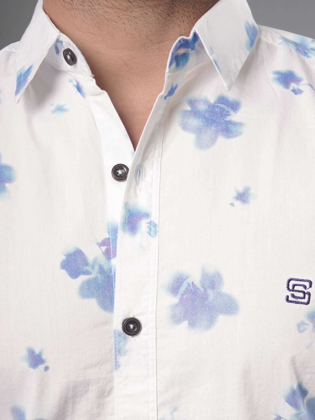 White & Light Blue Flowers Printed Casual Shirt (CSP-134)