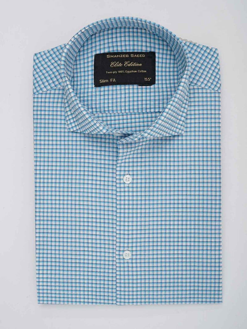 Blue & White Micro Checkered, Elite Edition, Cutaway Collar Men’s Formal Shirt (FS-023)