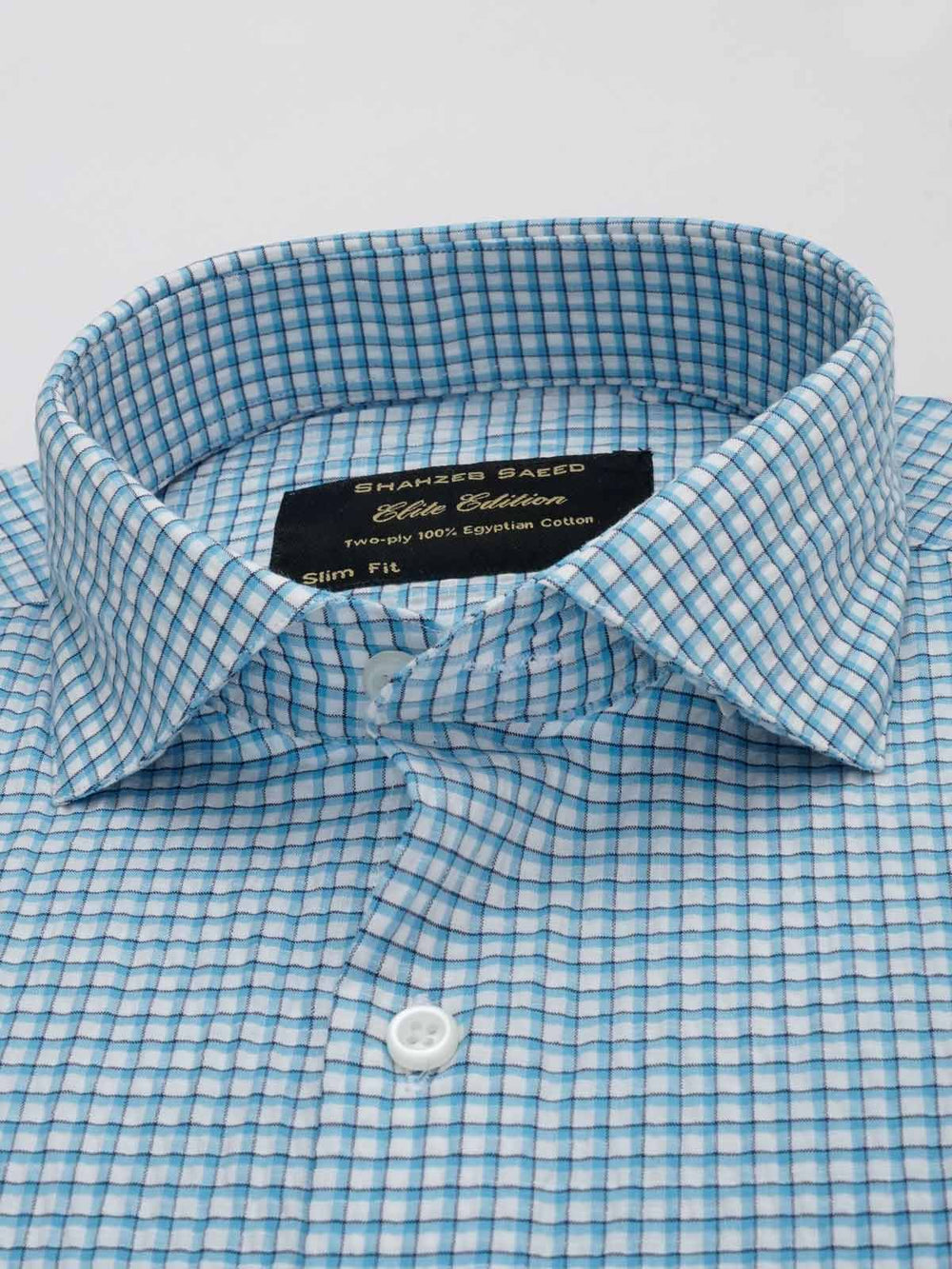 Blue & White Micro Checkered, Elite Edition, Cutaway Collar Men’s Formal Shirt (FS-023)