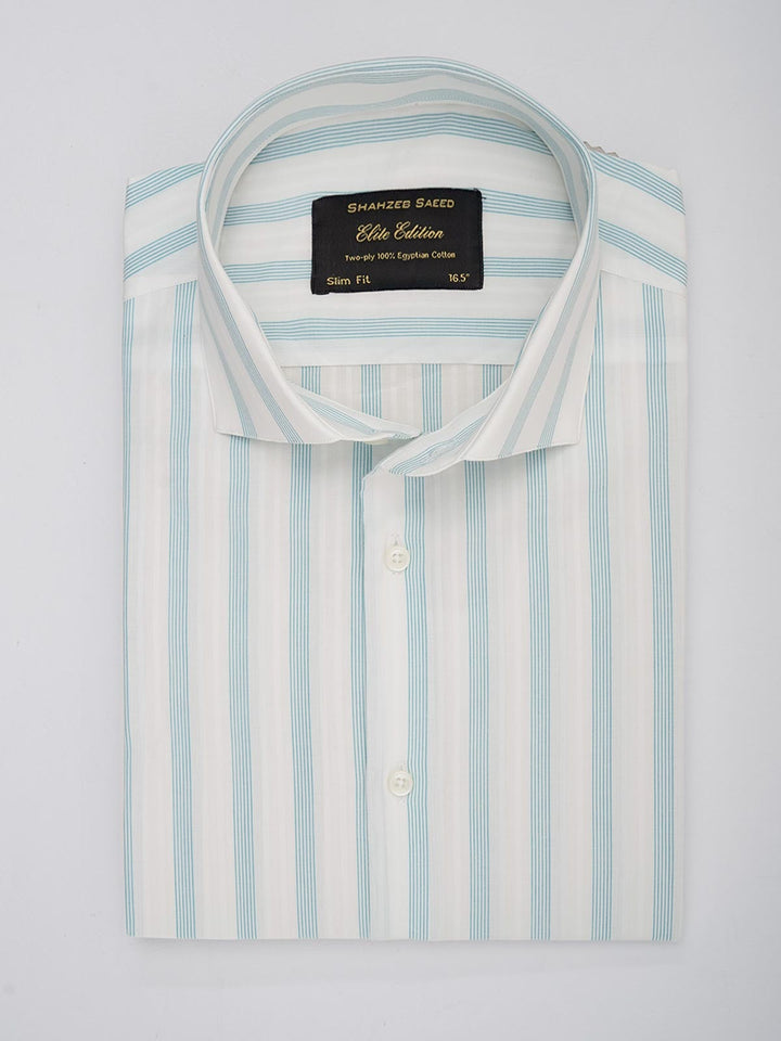 Green & White Self Striped, Elite Edition, Cutaway Collar Men’s Formal Shirt (FS-025)