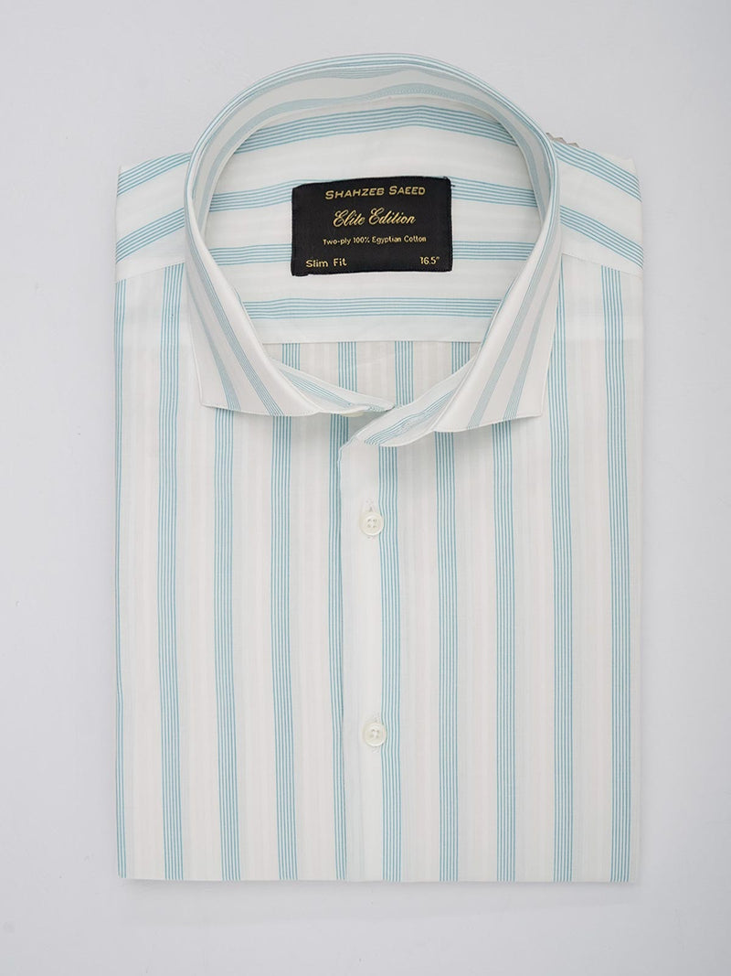 Green & White Self Striped, Elite Edition, Cutaway Collar Men’s Formal Shirt (FS-025)