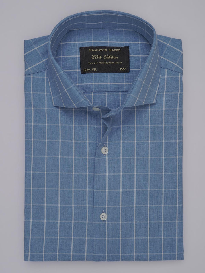 Blue & White Checkered, Elite Edition, Cutaway Collar Men’s Formal Shirt (FS-342)