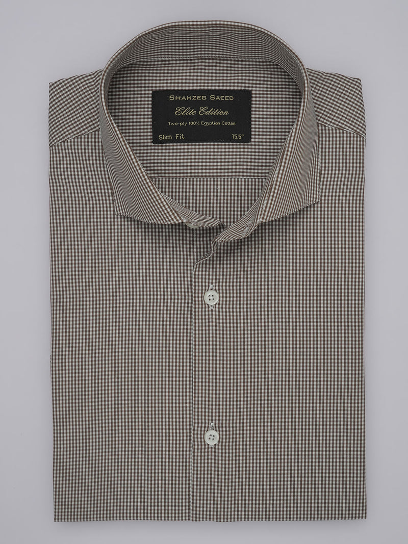 Brown Micro Checkered, Elite Edition, Cutaway Collar Men’s Formal Shirt (FS-379)