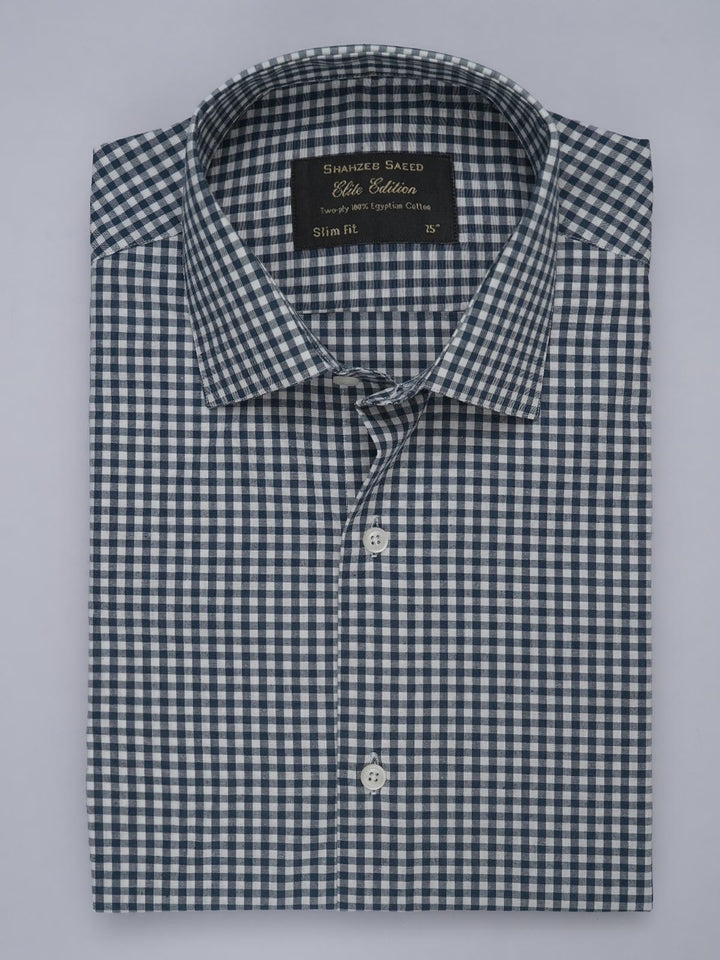 Dark Blue & White Checkered, Elite Edition, French Collar Men’s Formal Shirt (FS-435)