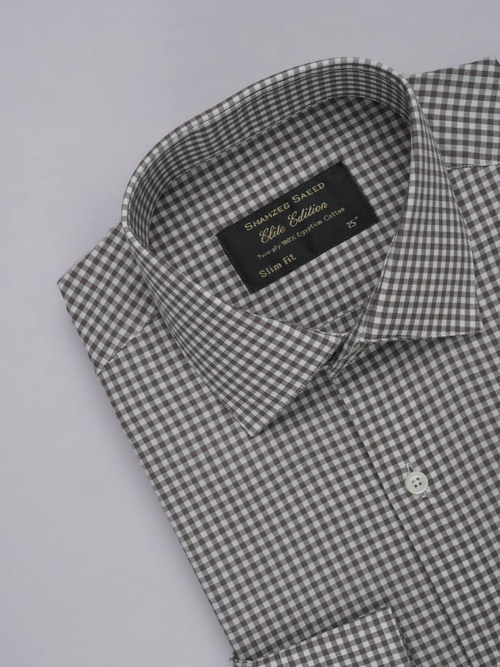 Brown & White Micro Checkered, Elite Edition, French Collar Men’s Formal Shirt (FS-438)