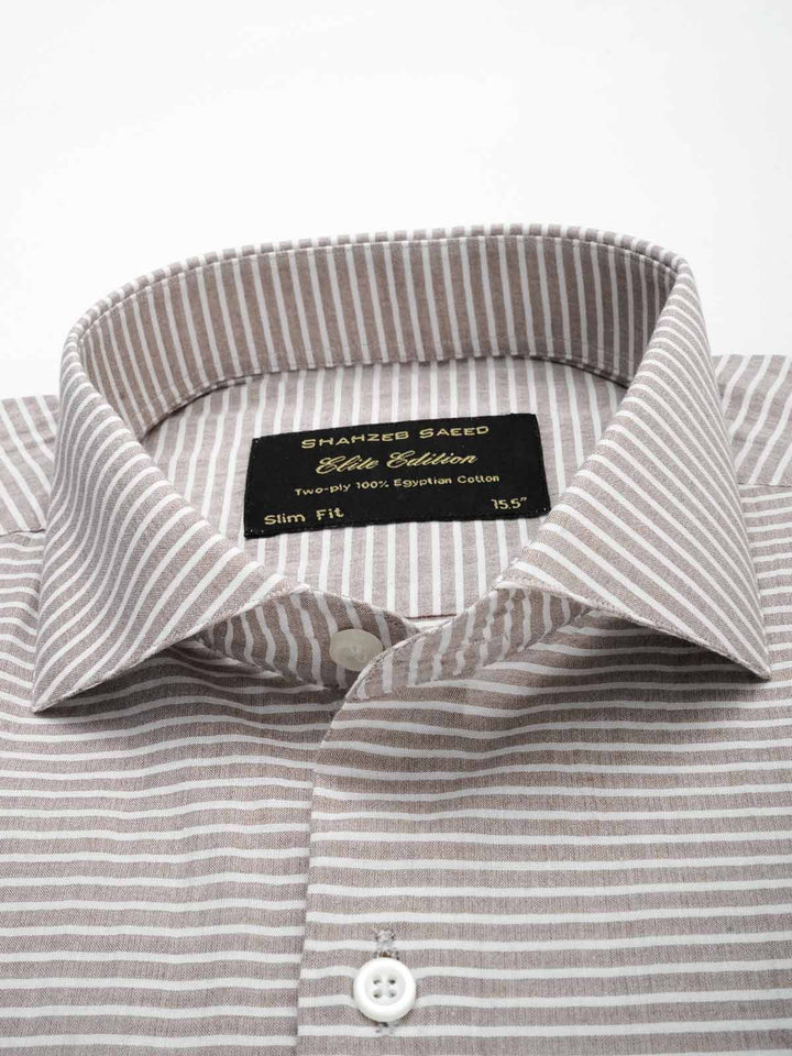 Brown & White Striped, Elite Edition, Cutaway Collar Men’s Formal Shirt (FS-045)