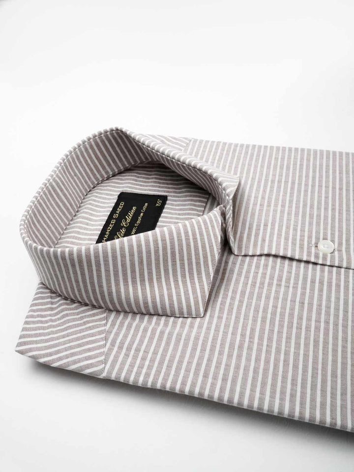 Brown & White Striped, Elite Edition, Cutaway Collar Men’s Formal Shirt (FS-045)