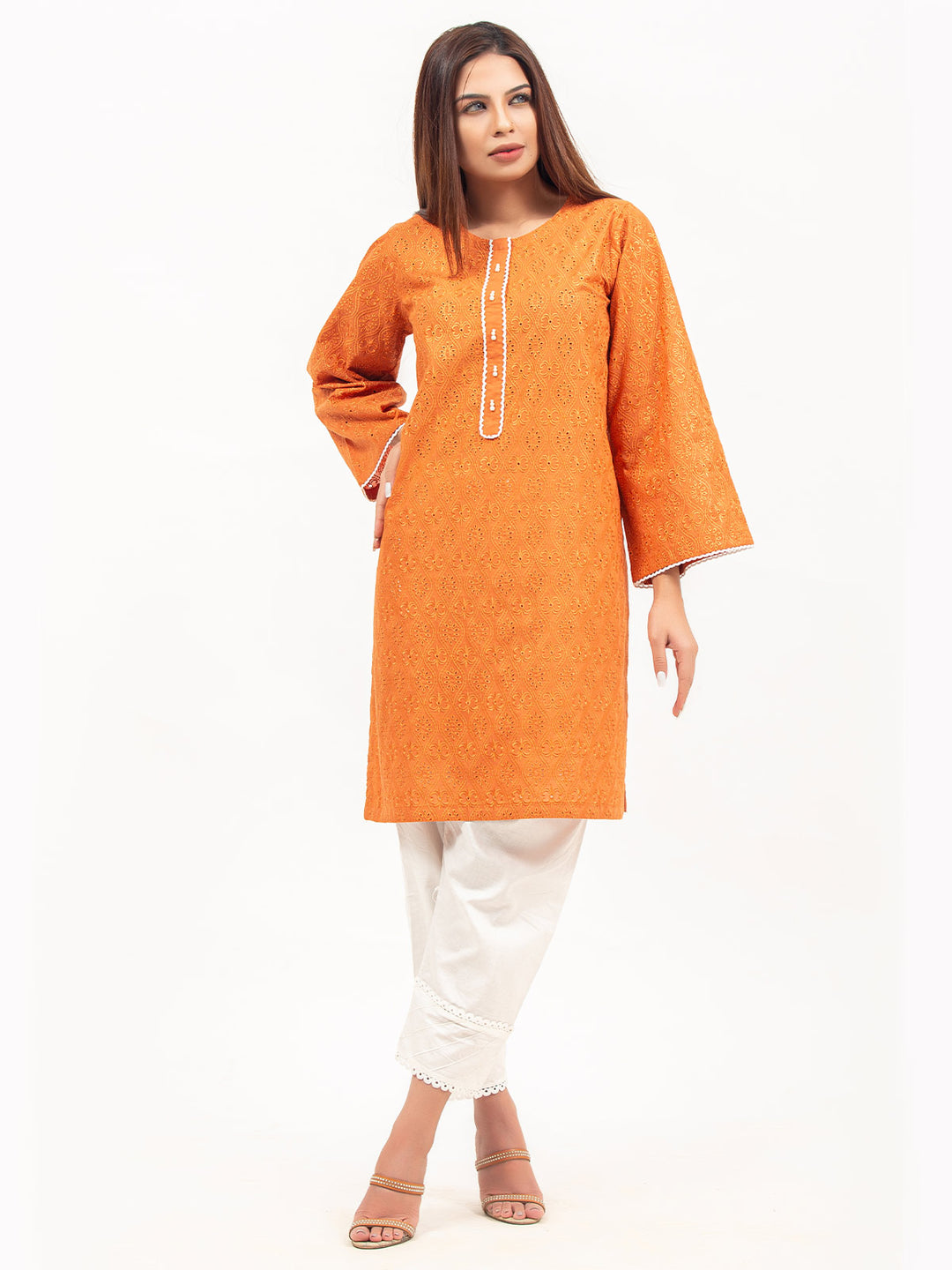 Orange Embroided Chikankari Kurti (GFKU-2130)