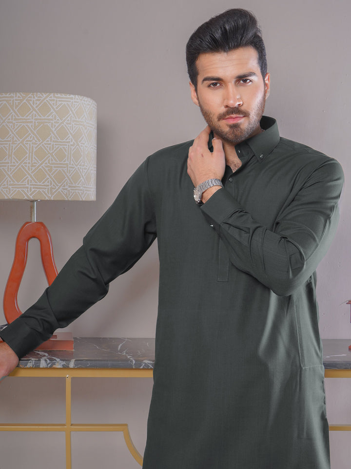 Dark Green Self Exclusive Range Designer Shalwar Kameez (SK-423)