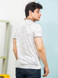 White & Light Brown Leaf Printed Half Sleeves Button Down Contrast Collar Polo T-Shirt (POLO-277)