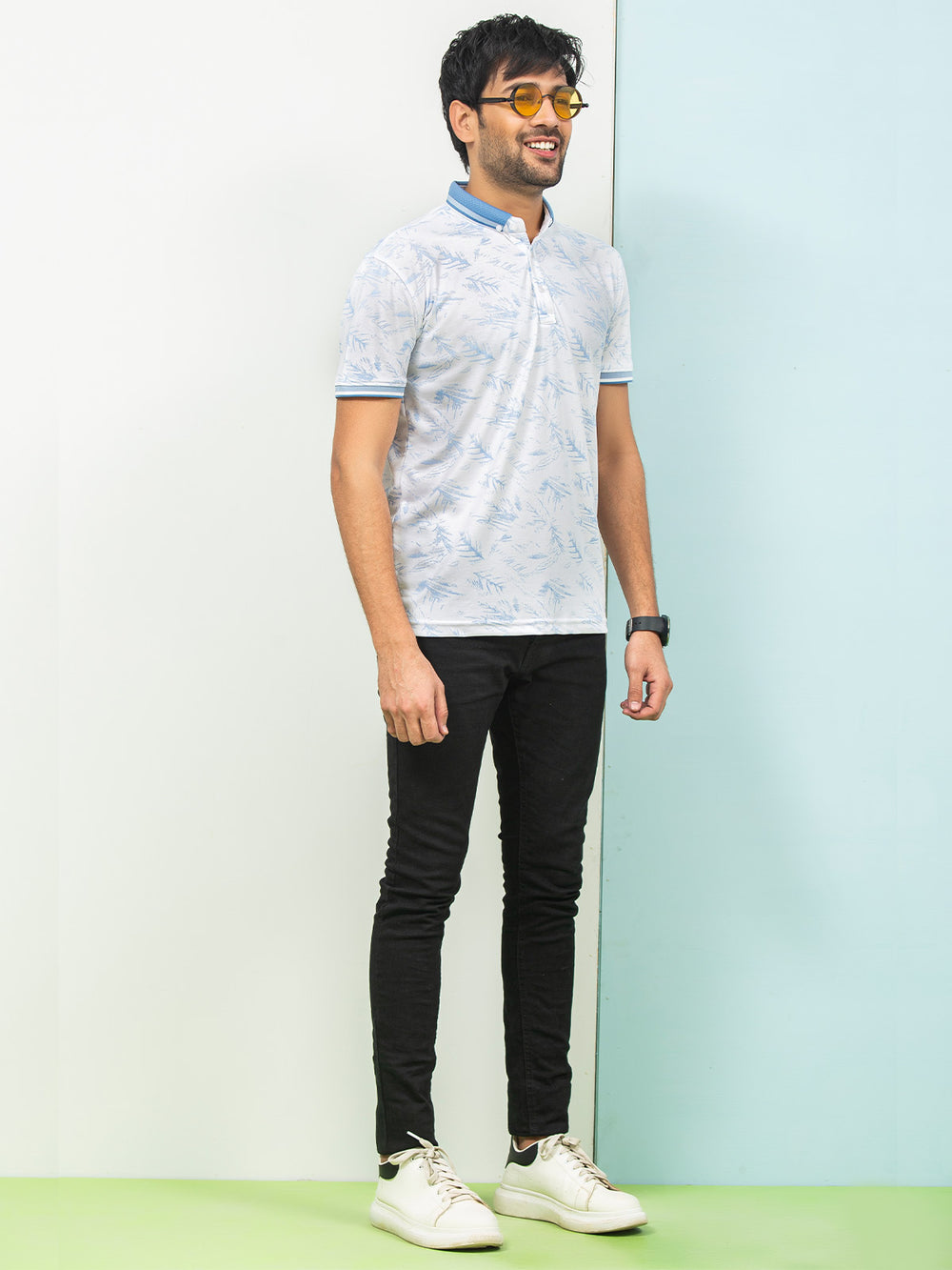 White & Light Blue Leaf Printed Half Sleeves Button Down Contrast Collar Polo T-Shirt (POLO-278)