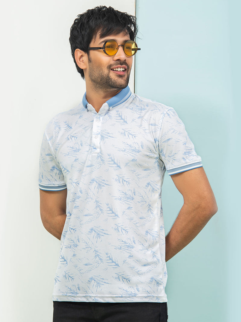 White & Light Blue Leaf Printed Half Sleeves Button Down Contrast Collar Polo T-Shirt (POLO-278)