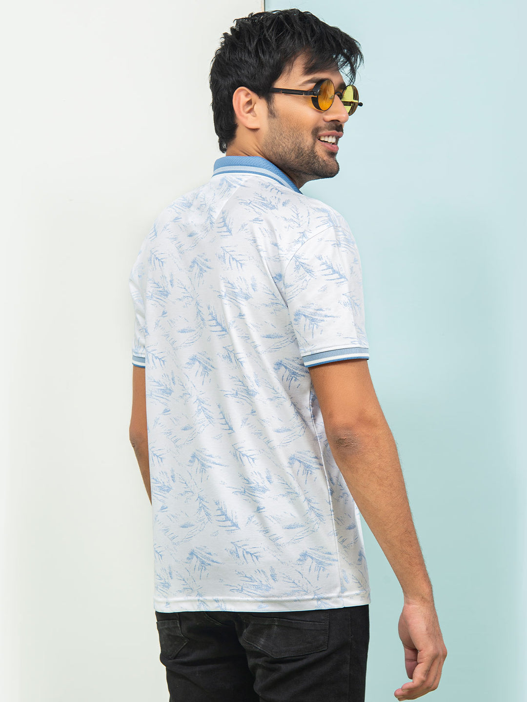 White & Light Blue Leaf Printed Half Sleeves Button Down Contrast Collar Polo T-Shirt (POLO-278)