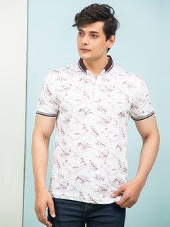 White & Maroon Leaf Printed Half Sleeves Button Down Contrast Collar Polo T-Shirt (POLO-280)