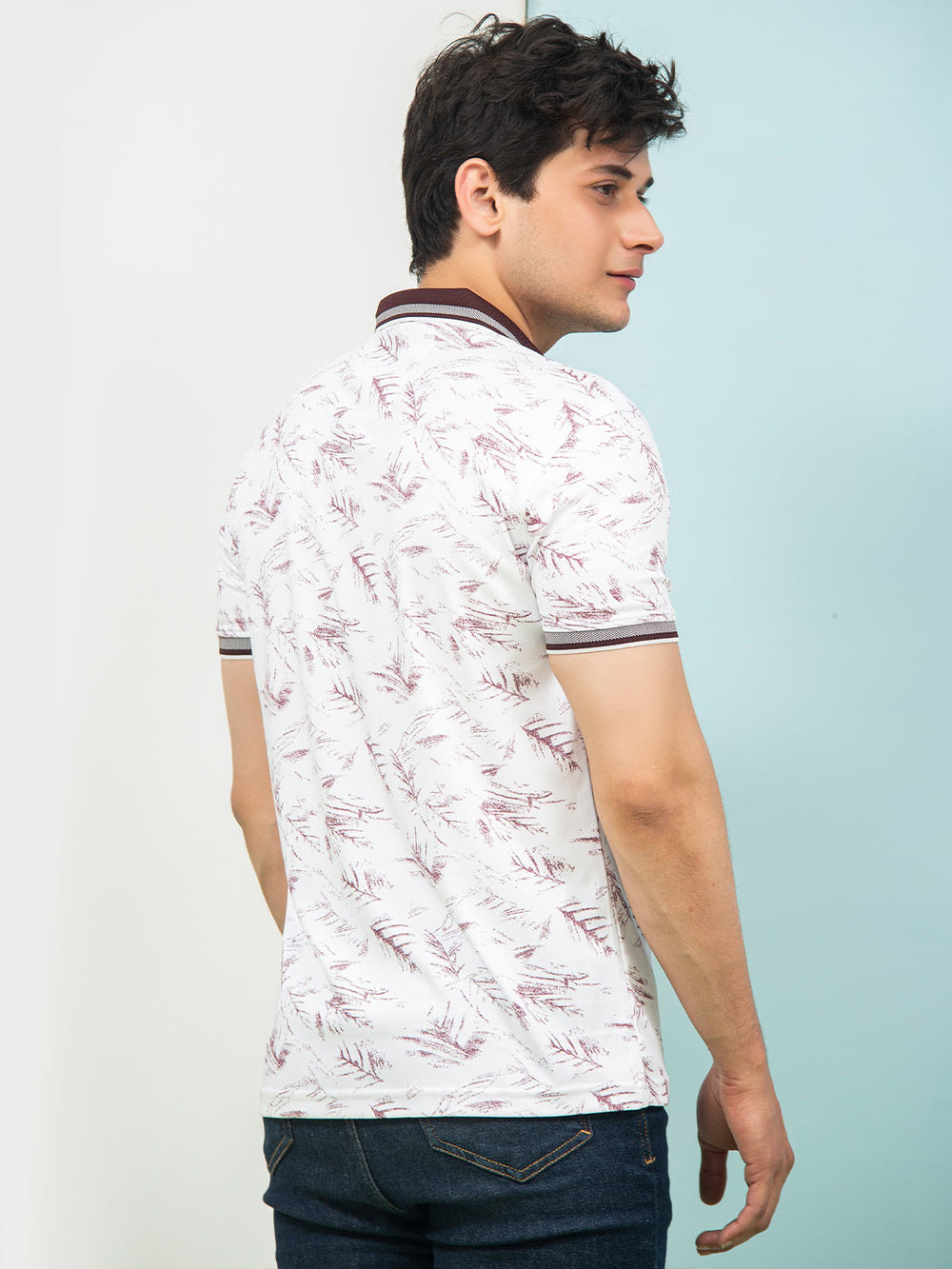 White & Maroon Leaf Printed Half Sleeves Button Down Contrast Collar Polo T-Shirt (POLO-280)